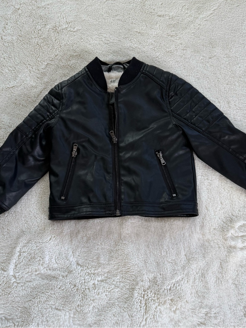 H&M Boys Black Moto Biker Jacket Faux Leather With Fleece Lining - Size 3T